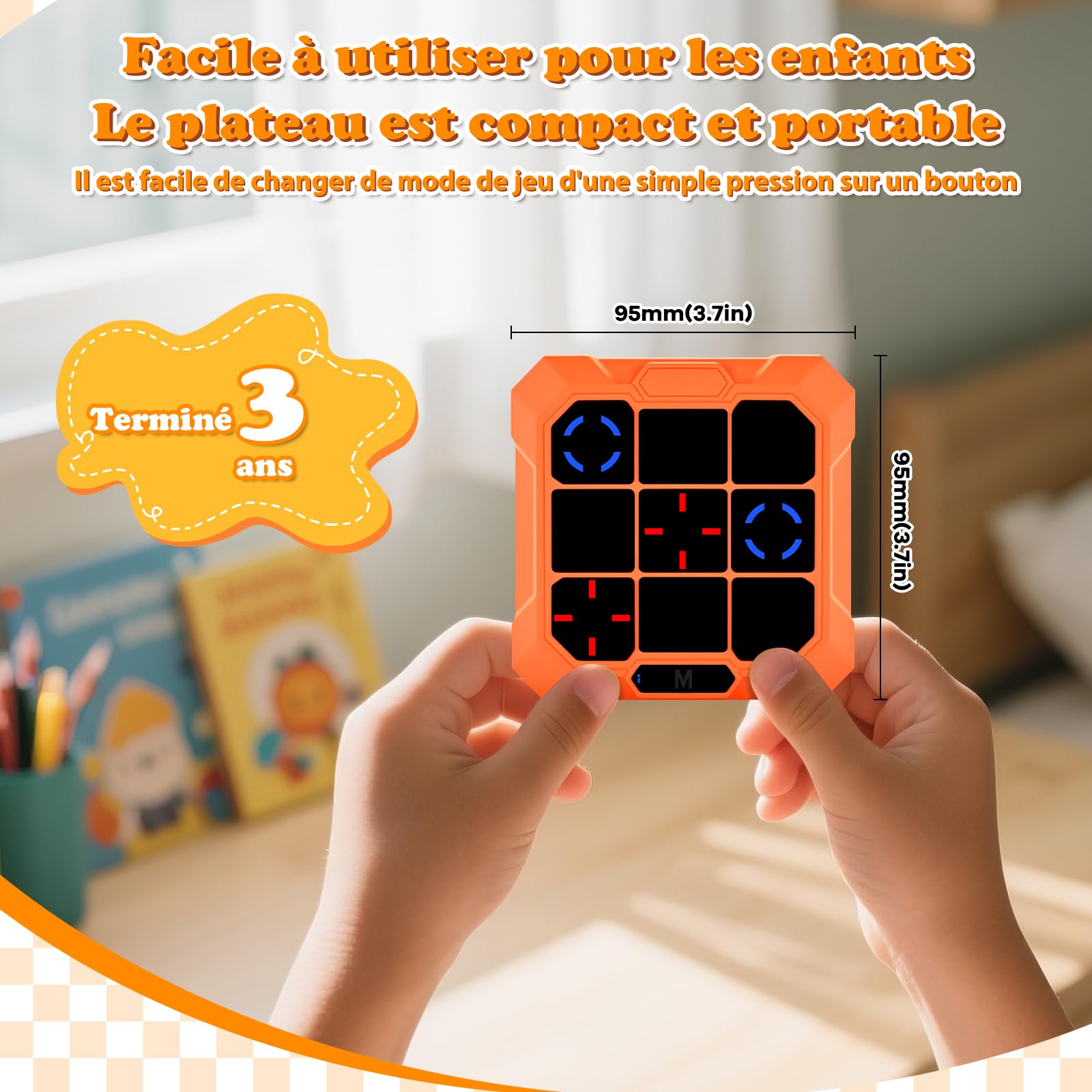BlueSwan Morpion Électronique 6‑en‑1 Console de Jeu Portable Rechargeable avec Mode Silencieux Orange