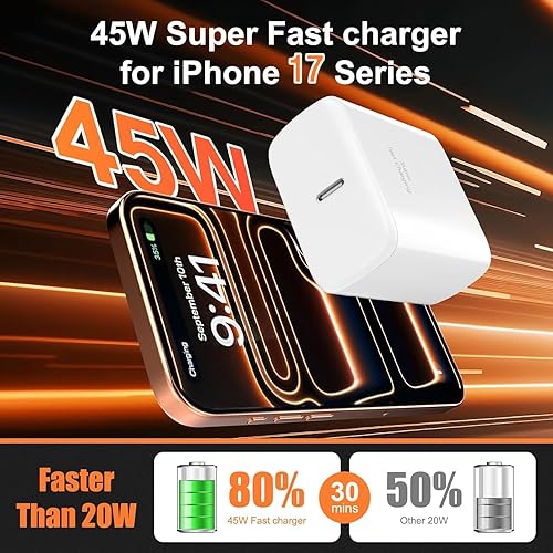 Miniatura 2 de Cargador para iPhone 17 16 Pro Max de carga rápida, paquete de 2 unidades, cargador súper rápido de 45 W USB C y cable de carga tipo C de 3 metros