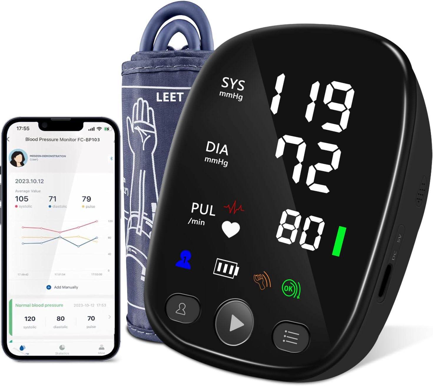 Automatic Arm Blood Pressure Monitor for Home Use – with Large Cuff (8.7″-16.5″), Bluetooth App Tracking & Irregular Heartbeat Detection,LED Display 2 Users 240 Sets Memory
