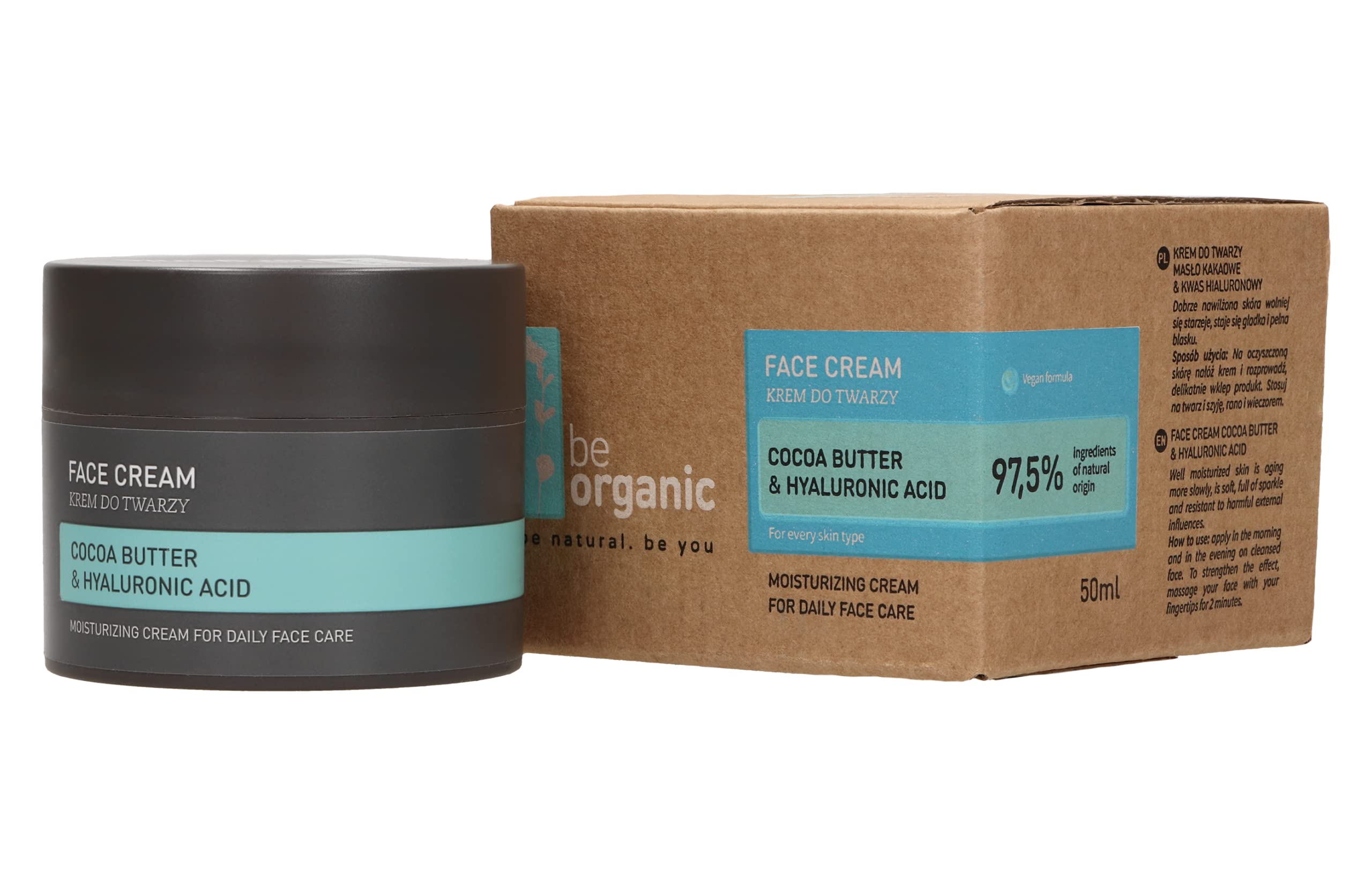 Be Organic, Cocoa Butter & Hyaluronic Acid Face Cream 50ml - Natural Moisturising Cream for Day and Night 97% of the ingredients are natural origin.Vegan, Hypoallergenic, One Size
