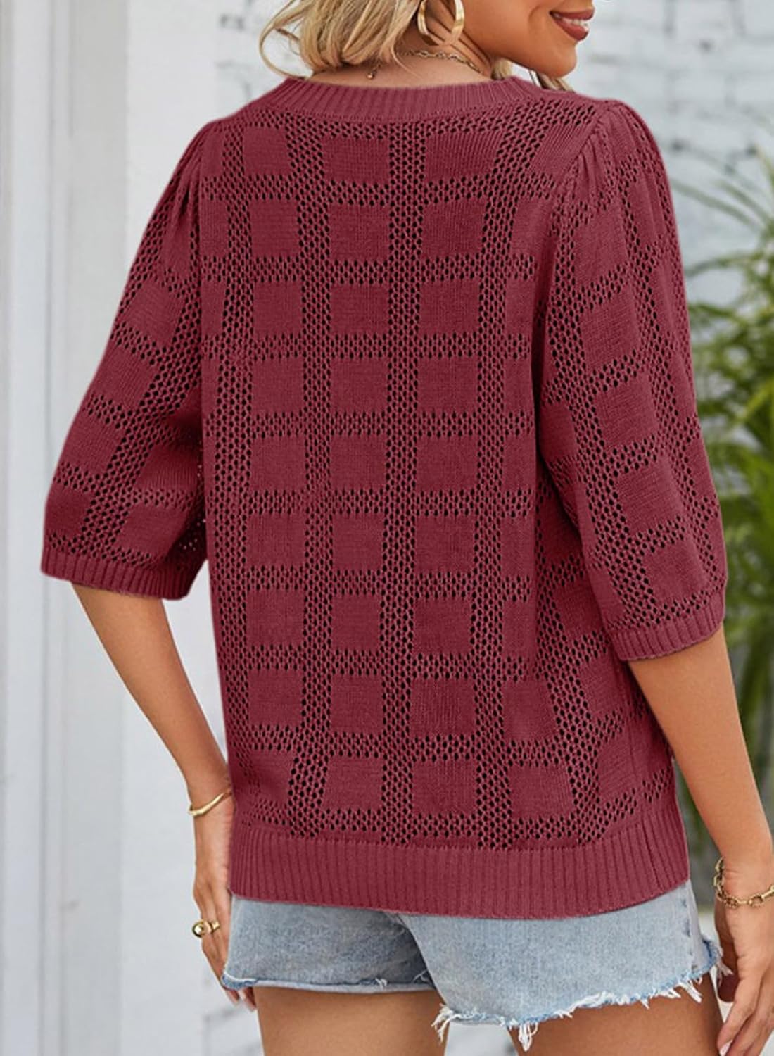 Dokotoo Women's Casual Short Sleeve Loose Tunic Tops Lightweight Crochet Knit Summer Sweaters Blouses - Image 5