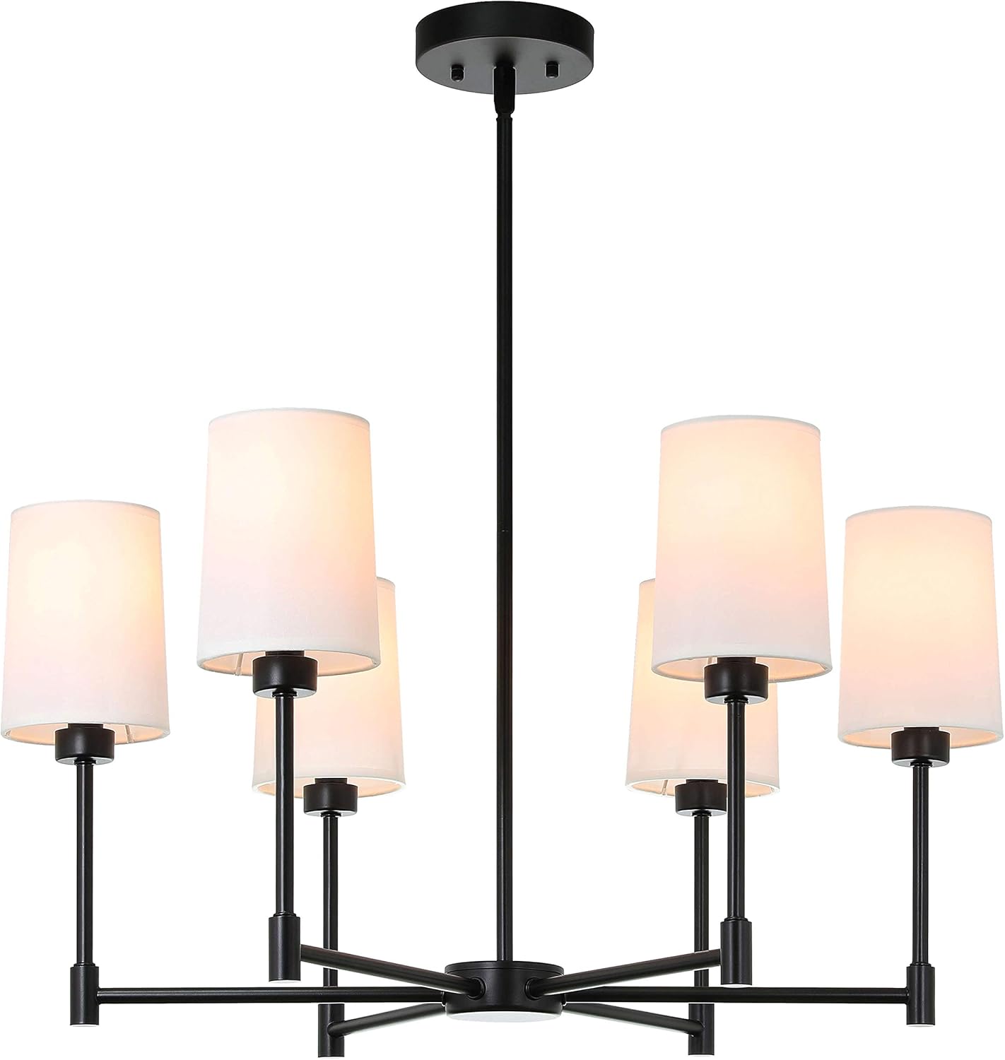 Matte Black Iron 5-Light Chandelier with White Fabric Shades