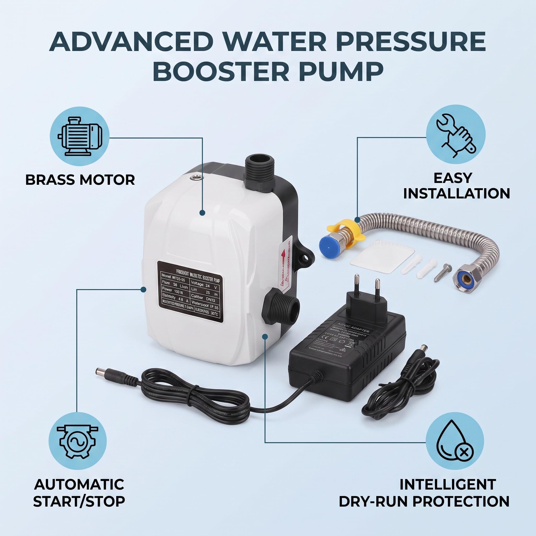 Bomba de Refuerzo, Bomba de Refuerzo Presión de Agua Elevación Alta 180 W para Fregadero de Cocina Ducha DC24V Enchufe de la UE AC100‑240V