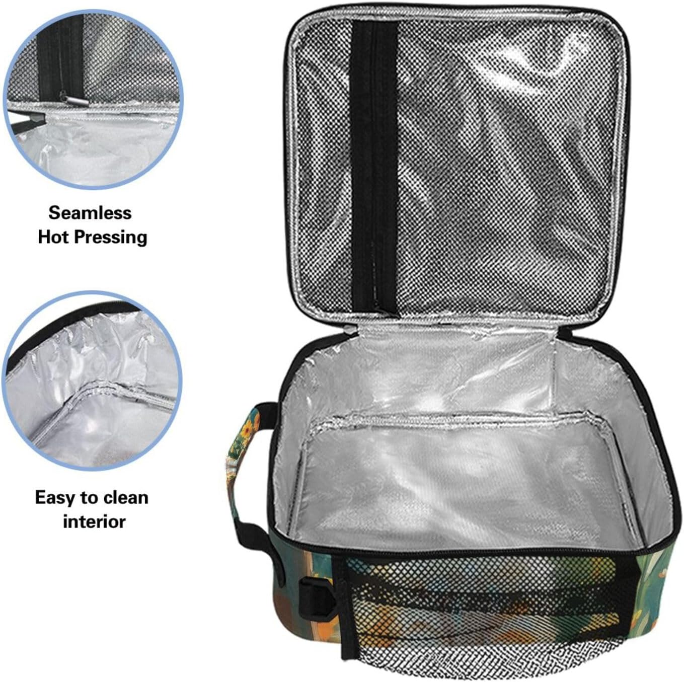 Orange Cat Yellow Pink Flowers Wooden Lunch Box for Girls Boys Insulated Lunch Bag with Adjustable Shoulder Strap Kids Children Thermal Lunchbox Tote Bags Cooler School Office Picnic