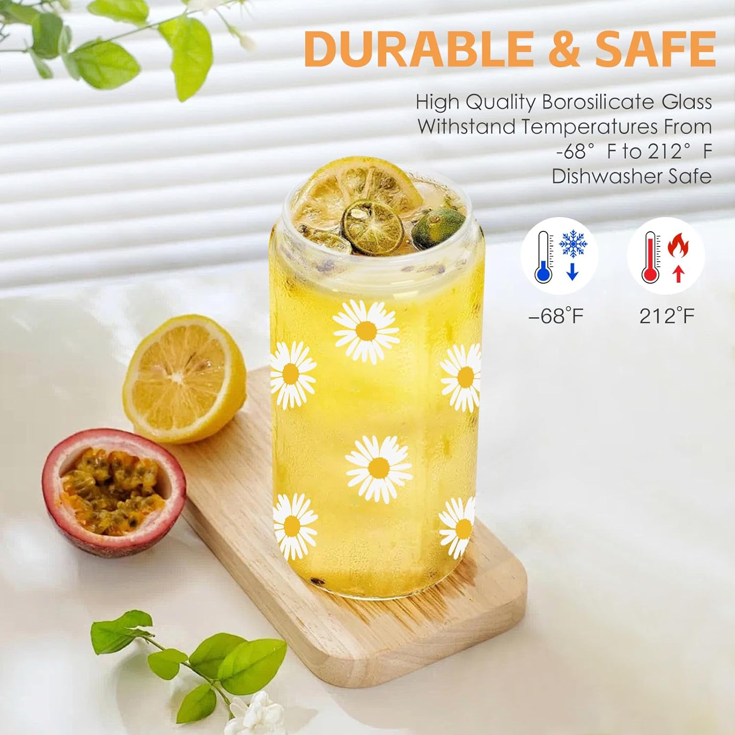 Dosuarue Daisy Aesthetic Cups, Iced Coffee Cup, 16 oz Cute Glass Cups with Lids and Straws - Flower Mug Cup, Drinking Glass Tumbler - Christmas, Birthday Gifts for Women Friend Sister Her - Image 3