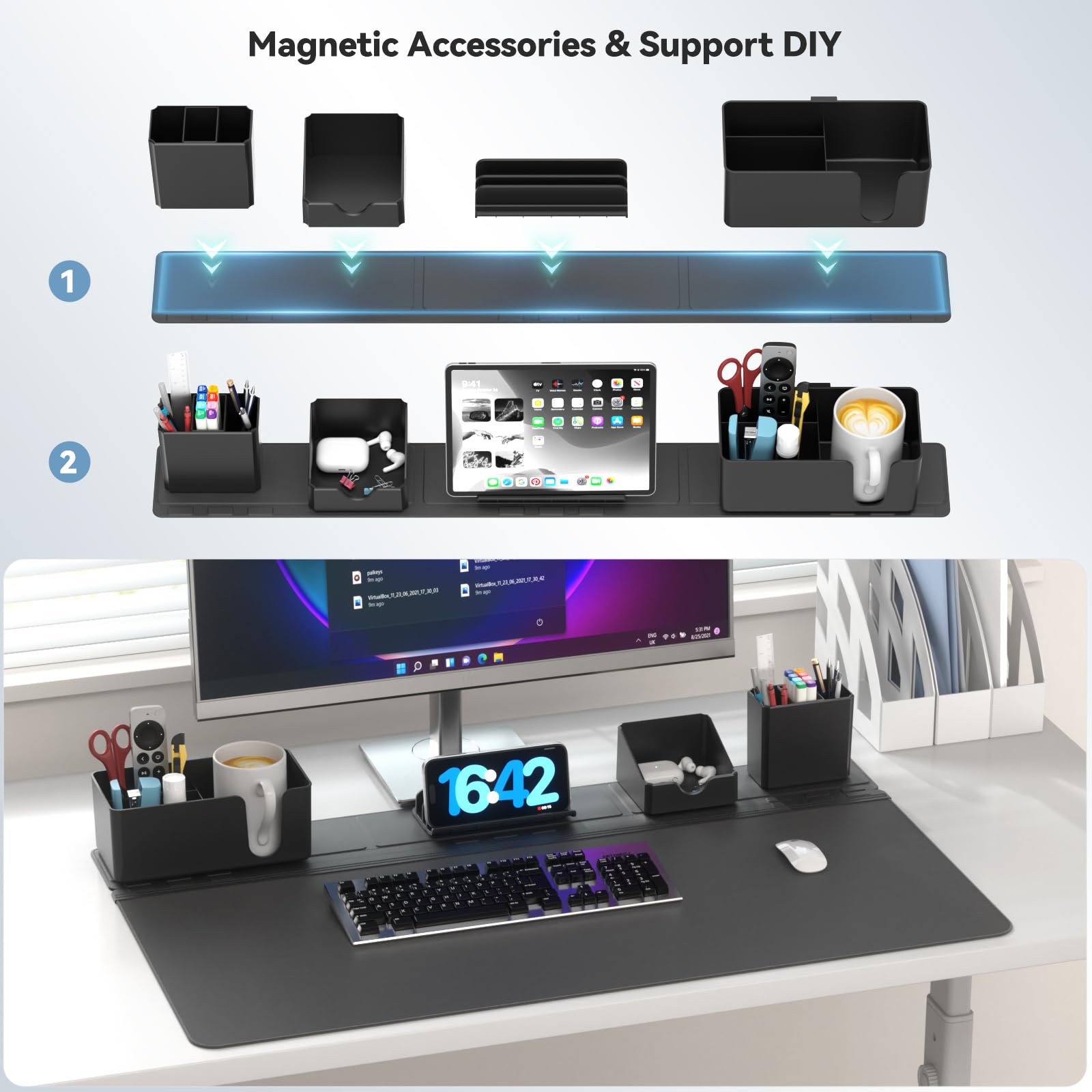 KDD Sottomano Scrivania Set Organizer Magnetici Tappetino Mouse Grande Supporto Telefono Portabicchieri Portapenne Contenitore Portacarte Gaming Ufficio Casa