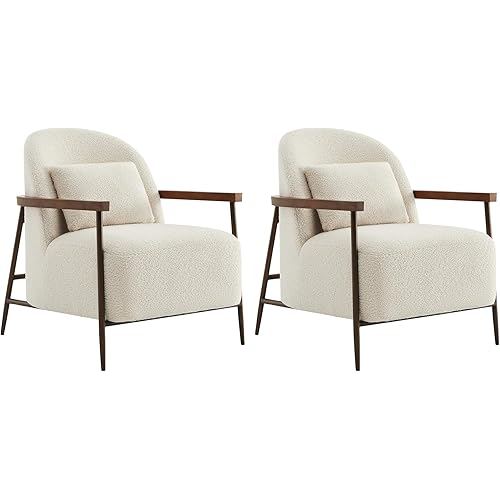 CHITA Accent Chair for Living Room Set of 2, FSC Certified Modern Upholstered Faux Sherpa Fabric Armchair with Metal Frame and Wooden Armrests, Ivory