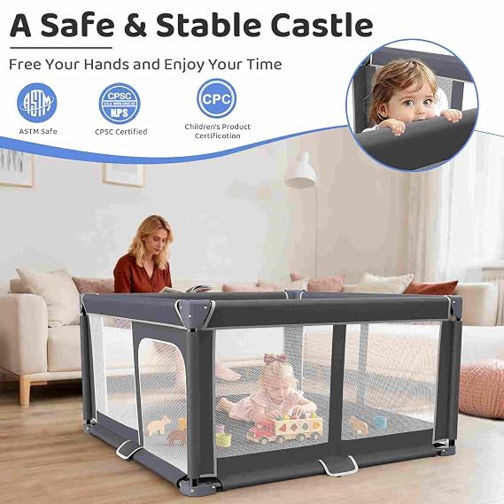 Foldable Baby Playpen Portable Travel Play Yard, Dark Gray | Safety Play Yard for Babies & Toddlers, Indoor & Outdoor Use, Carry Bag Included, Collapsible, Portable,Sturdy & Secure