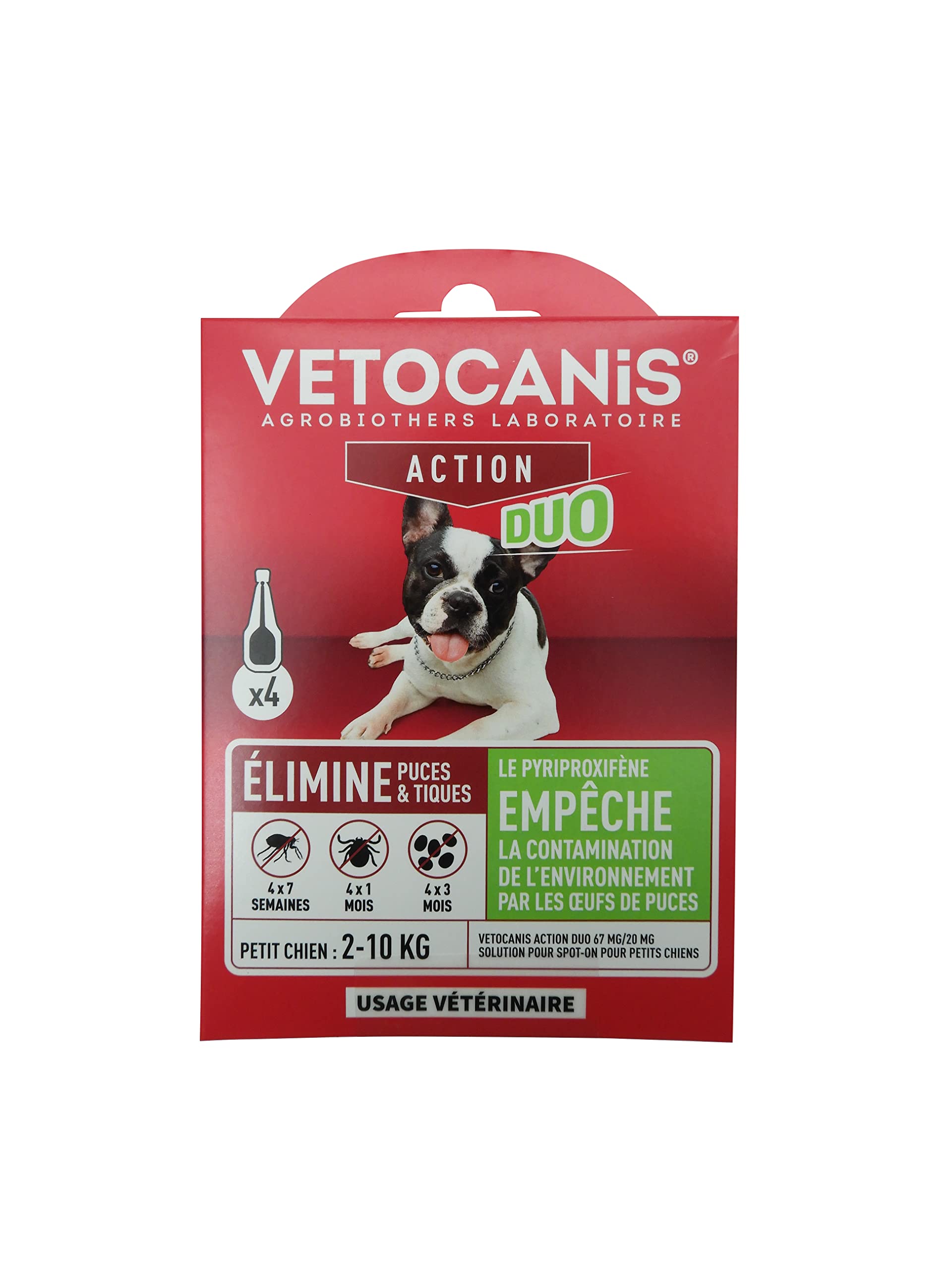 VETOCANIS - Action Duo Pipette Anti-Puces Anti-Tiques Chien Traitement et Protection Antiparasitaire Petit 2-10 kg Habitat Pack de 4 pipettes