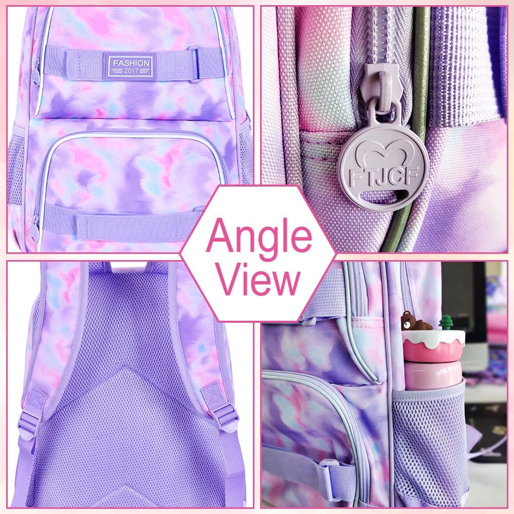 17 Inches Backpack for Girls Women, 3Pcs Tie-dye College School Bookbag Set for Teens Students, Water Resistant Laptop Backpacks with Lunch Bag(Purple) - Image 5