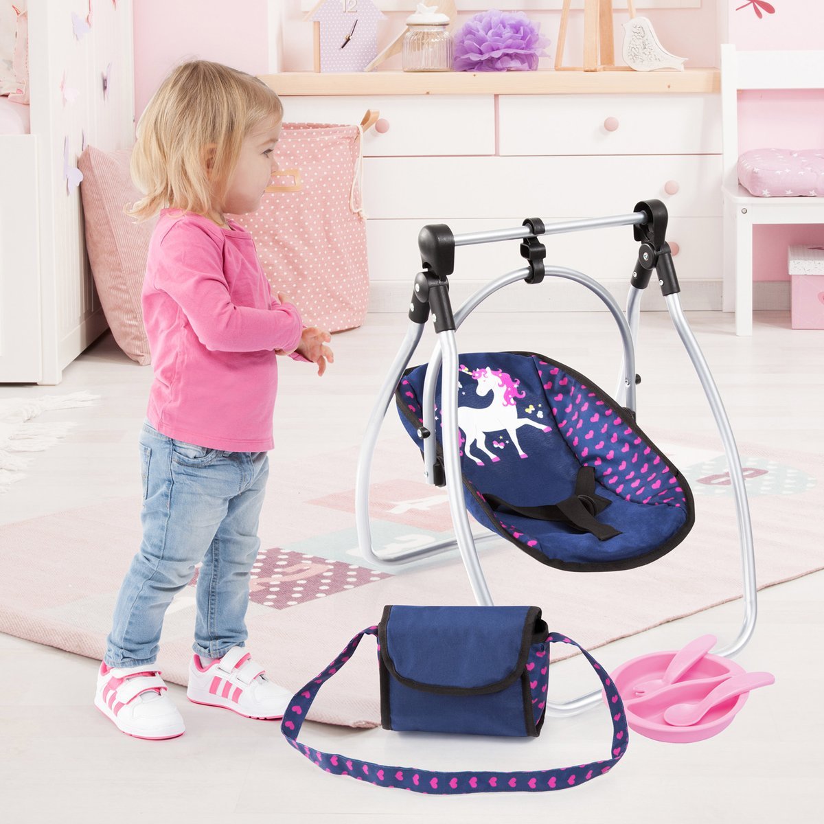 Bayer Design Poltroncina per bambole, seggiolone per bambole con borsa | Set per bambole con borsa e stoviglie in plastica