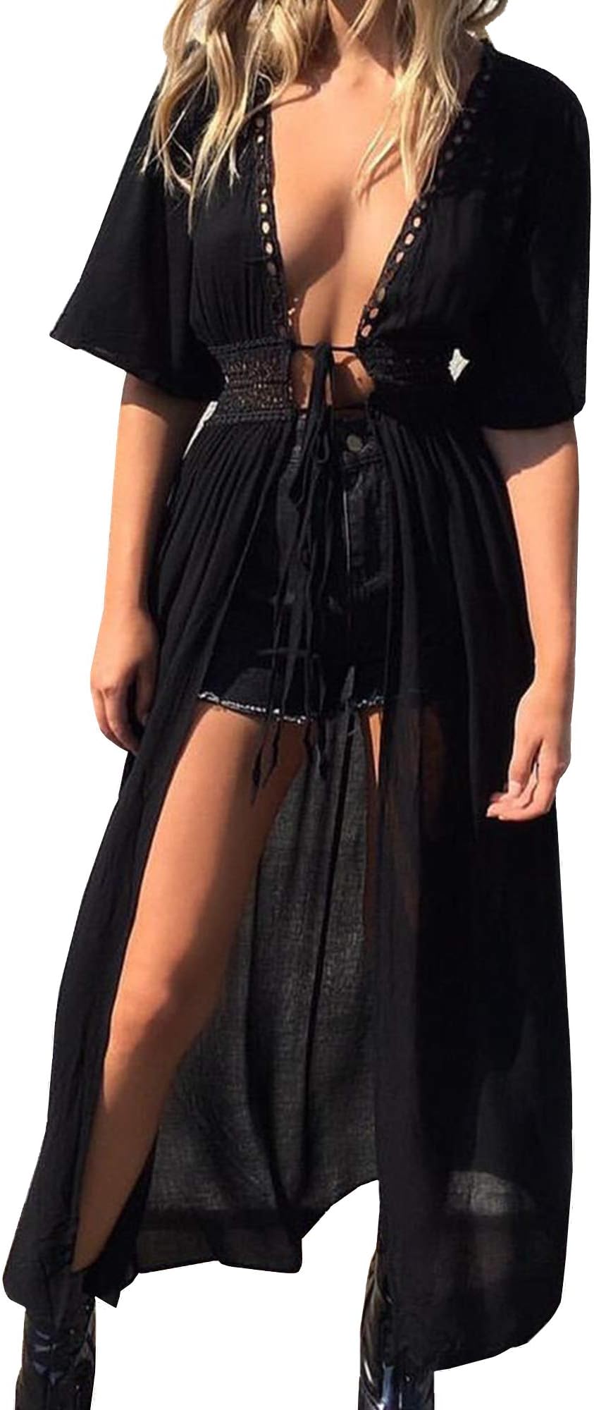 Long Swimsuit Cover ups for Women Beach Swimwear Black Kimono Dress Robe with Short Sleeve