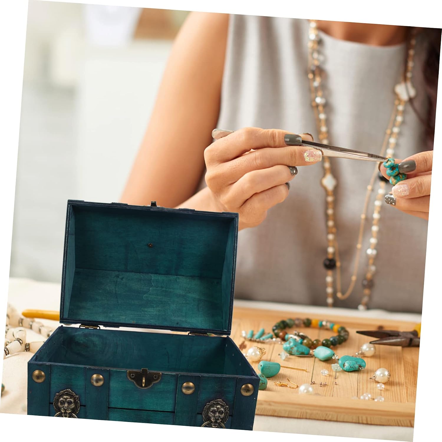 Vintage Jewelry Box Organizer Lock Retro Wooden Storage Box for Jewelry Small Ring and Earring Holder Dustproof Display Case for Bedroom Decor image 5