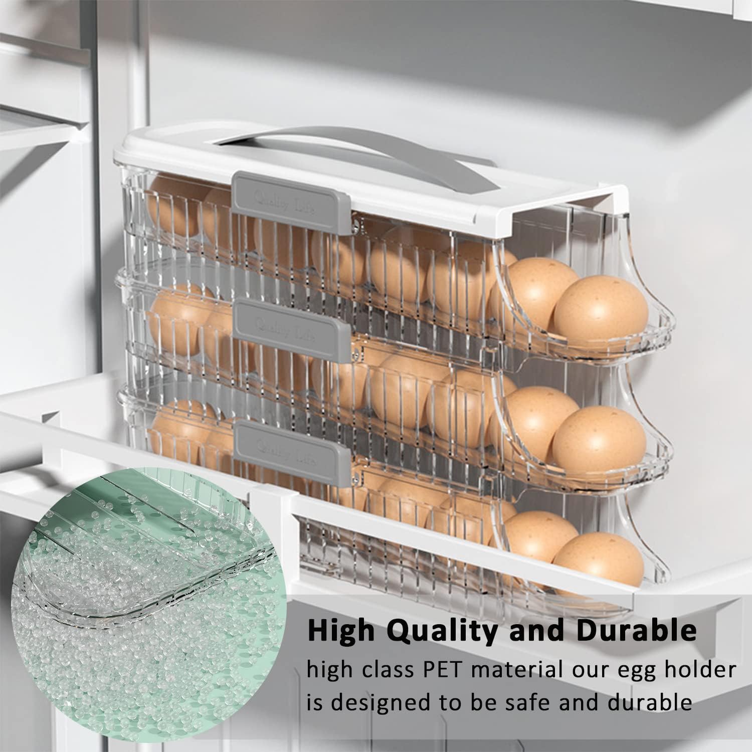 KLUFO Egg Holder for Refrigerator - Auto Rolling Egg Organizer 1 Layer - Stacked Egg Tray Fridge Egg Storage Container - Hold 24 Eggs