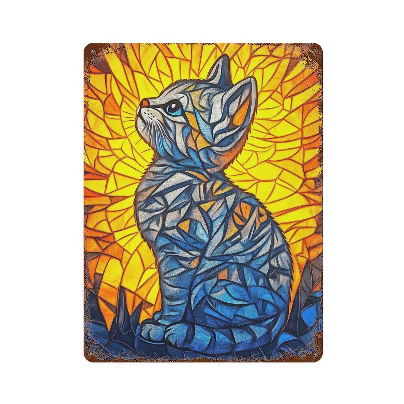 Vintage Rust Metal Sign Stained Glass Kitten 15.7"x11.8", Shabby Chic Decor for Cafe, Home Bar And Lounge Decor