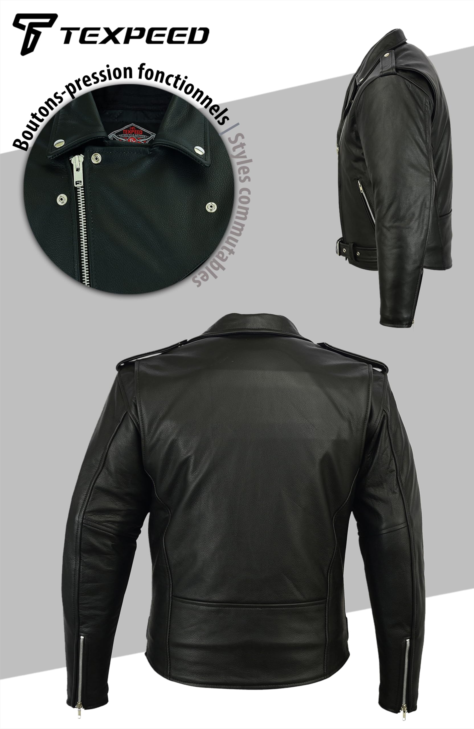 Texpeed Veste moto cuir homme homologué avec protections - Perfect Marlon Brando rétro Chopper blouson - Avec protection véritable biker CE armor (EN 1621-1) Noir - 6XL