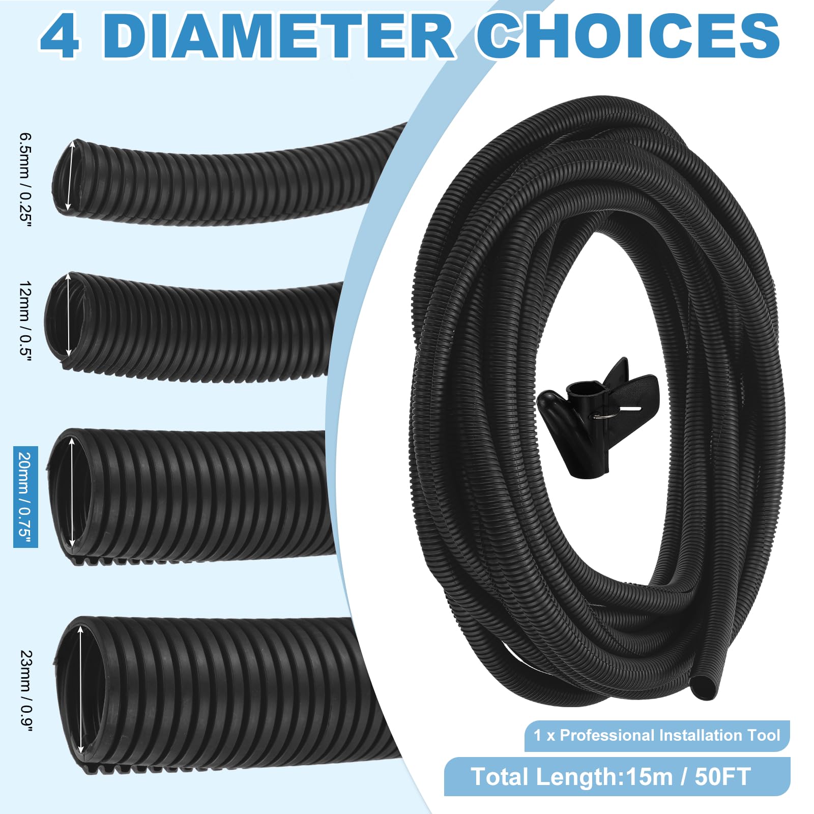 sourcing map Tube de protection en plastique flexible pour fils électriques, 20 mm ID 15 m x 15 m avec outil d'installation, résistant à la chaleur et au froid de -20 F à 257F - Noir