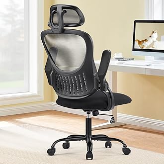 SweetcrispyHome Office Desk Chair, Ergonomic High-Back Mesh Rolling Work Computer Chairs with Wheels and Adjustable Headrests, Comfortable Lumbar Support, Comfy Flip-up Arms for Bedroom, Study, Grey