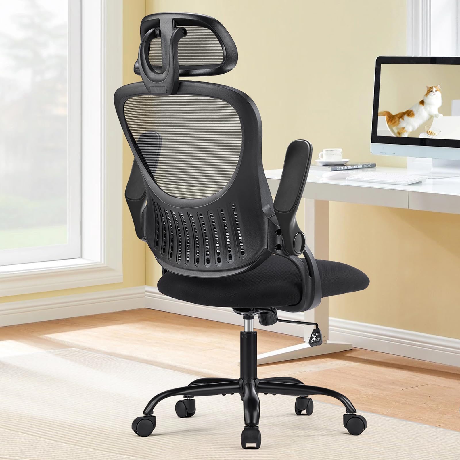 Sweetcrispy Office Computer Desk Chair, Ergonomic High-Back Mesh Rolling Work Chairs with Wheels and Adjustable Headrests, Comfortable Lumbar Support, Comfy Flip-up Arms for Home,Bedroom,Study, Black