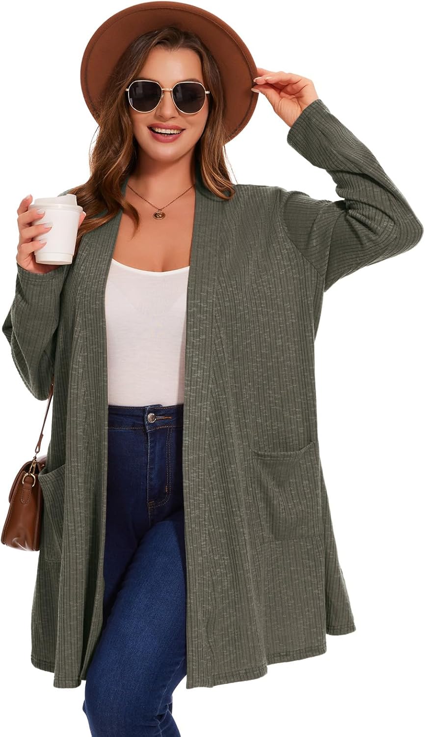 Women's Plus Size Cardigans Sweaters Casual Lightweight Open Front Cardigan Long Sleeve Tops with Pocket - Image 7