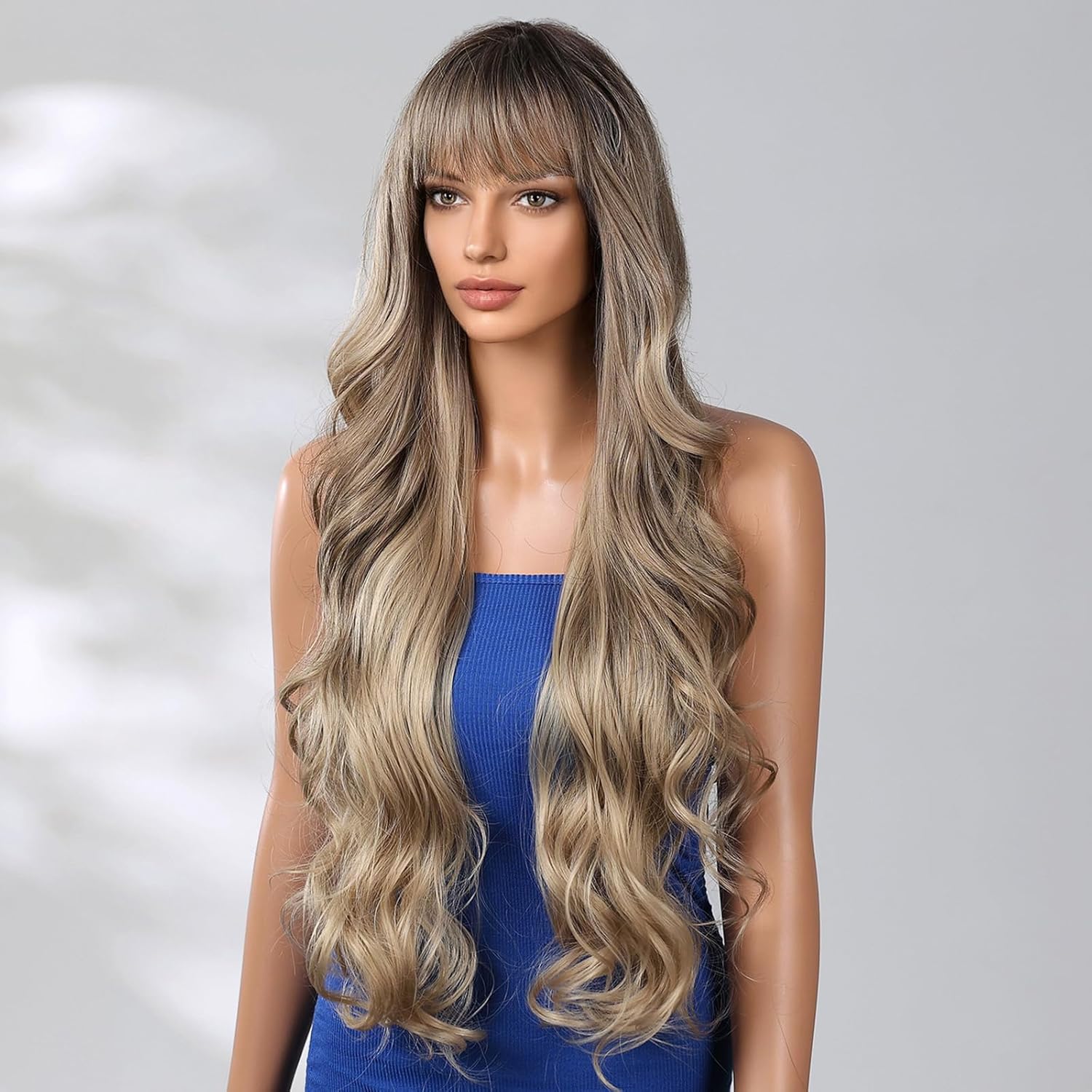 30 Inches Golden Brown Wigs With Bangs for Women – Natural Looking Synthetic Wig with Soft Long Wavy Hair, Heat Resistant Fiber, Daily & Cosplay Use Style 009