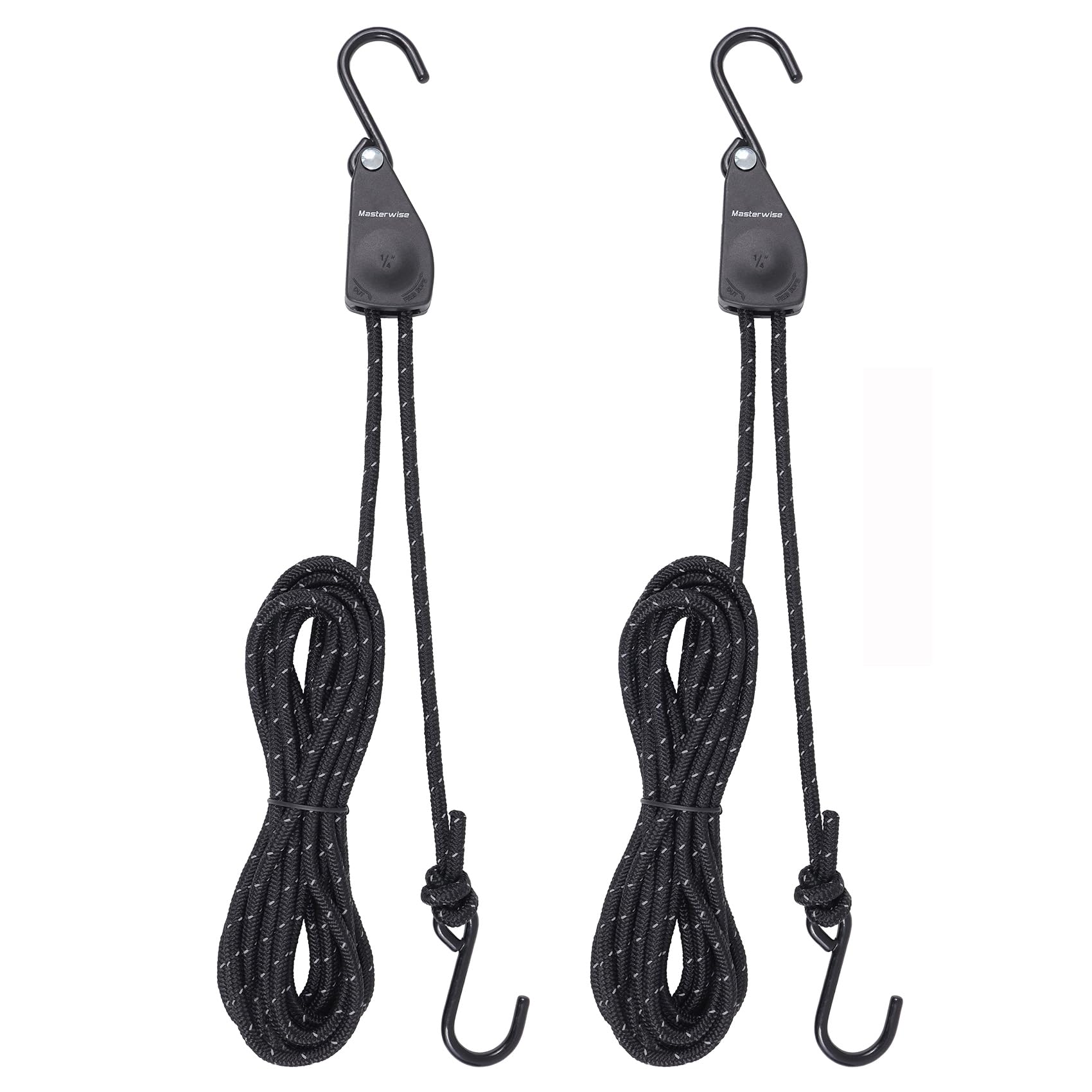 Masterwise Rope Ratchet Straps, Kayak Tie Down Straps with Reflective Stripe, Boat Trailer Straps Canoe Bow and Stern Rope Hanger Kayak and Canoe Accessories (Black, 1/4" x12'-2pcs)