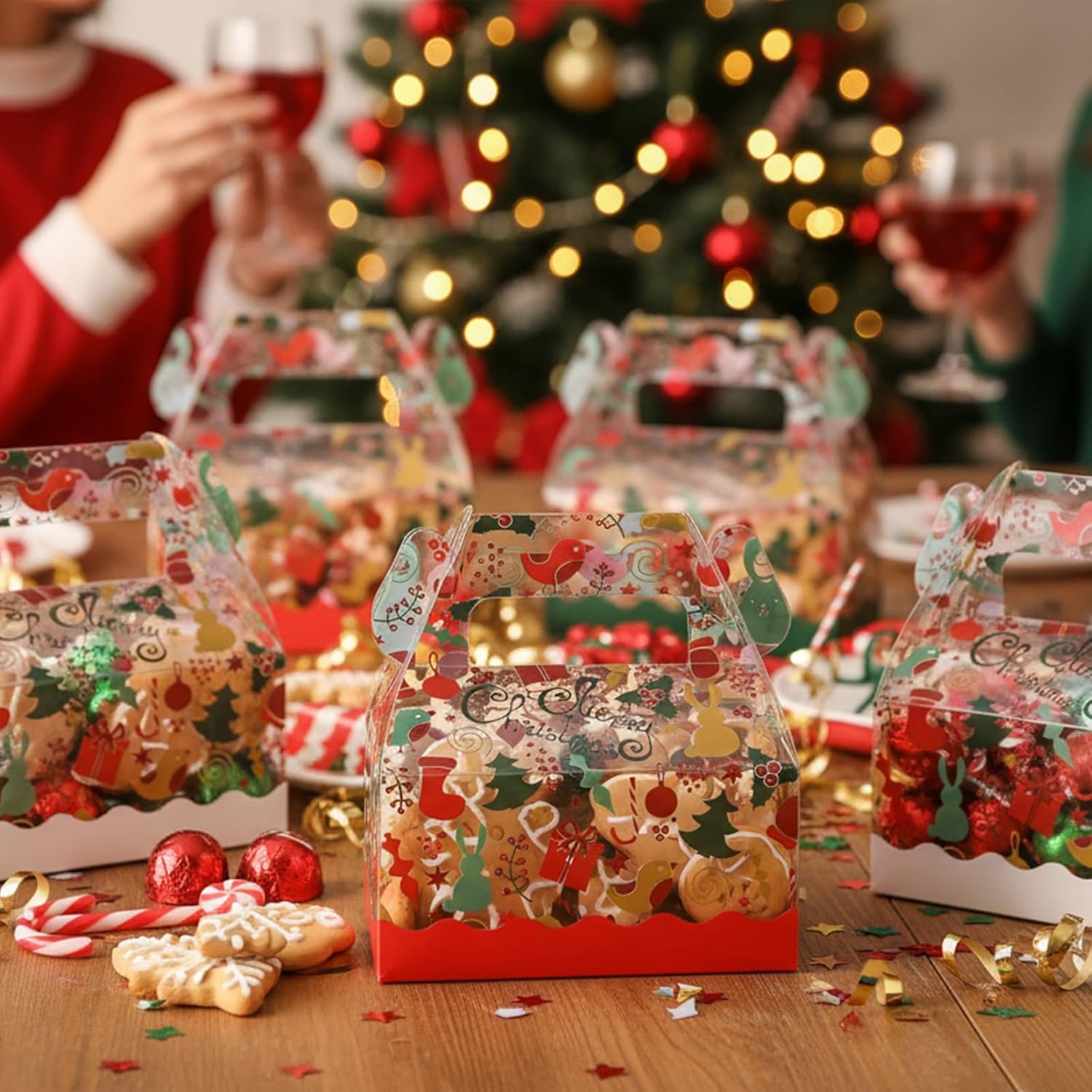 Gueevin 24 Pcs Christmas Cookie Gift Boxes with Handles for Holiday Xmas Party Favor Supplies Candy Treat Cardboard Cookie Boxes(Cute, Red and Green) - Image 5