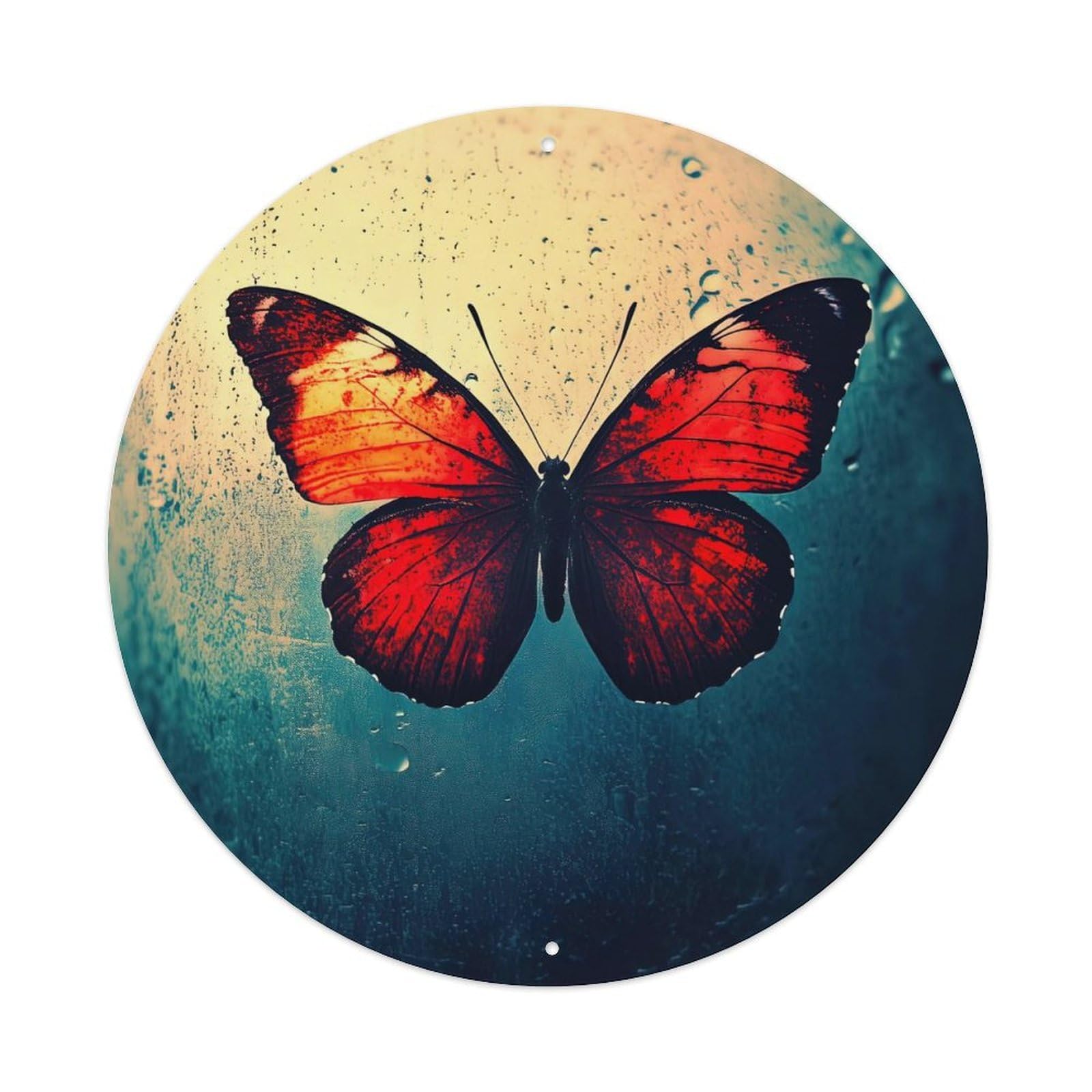 Cwbufd Vintage Style Insect Vibrant Crimson Butterfly Water Droplets Macro Photography Vintage Metal Tin Sign Plaque Wall Decor For Cafe, Club Bar, Office, Garden Metal Poster 8X8inch