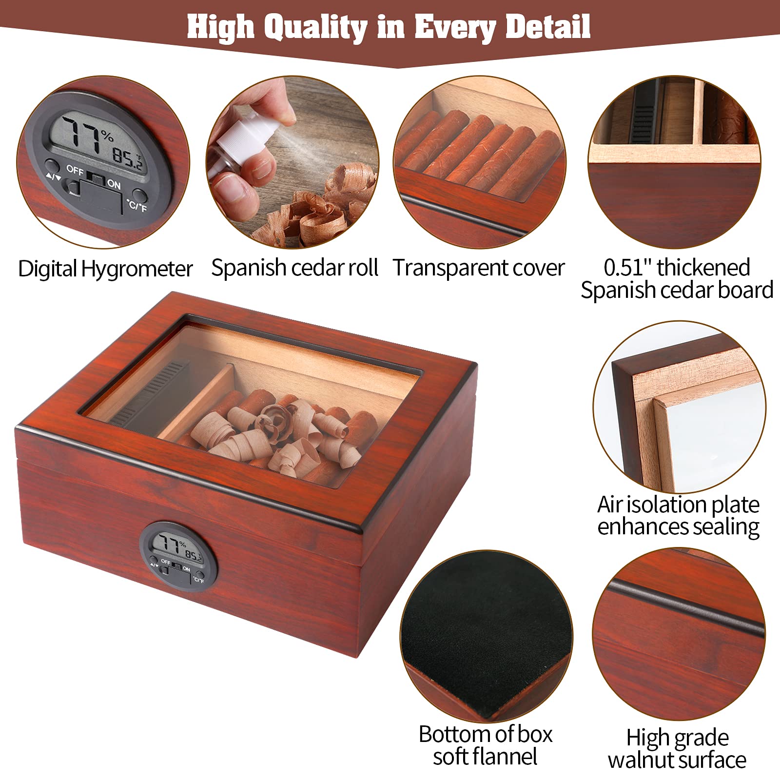 Robeent Cedar Cigar Humidors Box.with Multifunction Digital Hygrometer