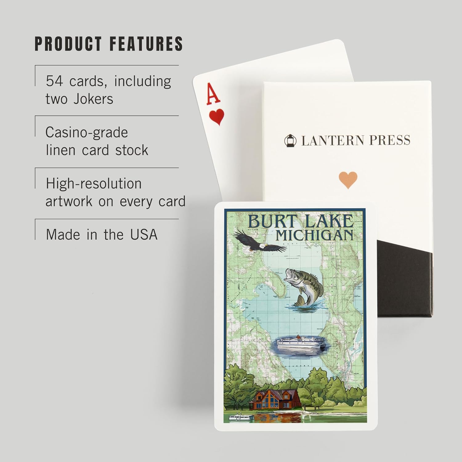 Lantern Press Burt Lake, Michigan, Nautical Chart, 52 Playing Cards for Adults, Poker Size Card Deck