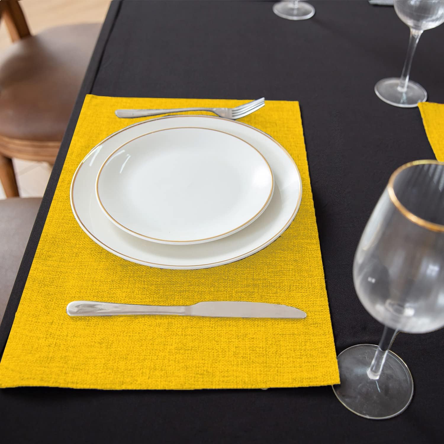 Linen Fabric Placemats Set of 6, Machine Washable, Heat Resistant, Wrinkle Free, Thick Polyester Kitchen Place Mats for Dining Table (Yellow)