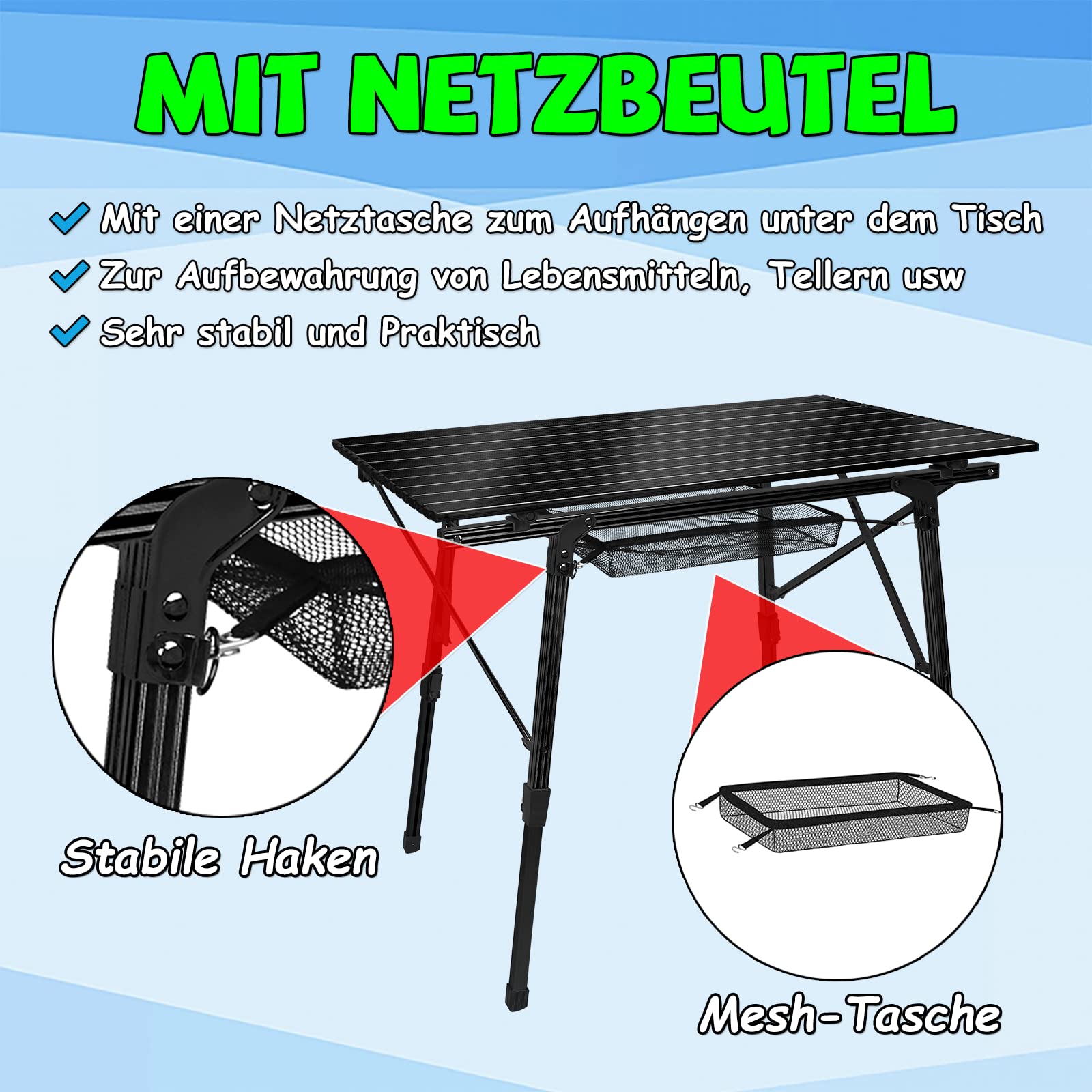 FROADP Składany Stół Kempingowy Z Aluminium, Regulowany W Wysokości, 45x90x52 Cm, Czarny, Akcesoria Kempingowe, Z Siatkową Torbą Do Przenoszenia
