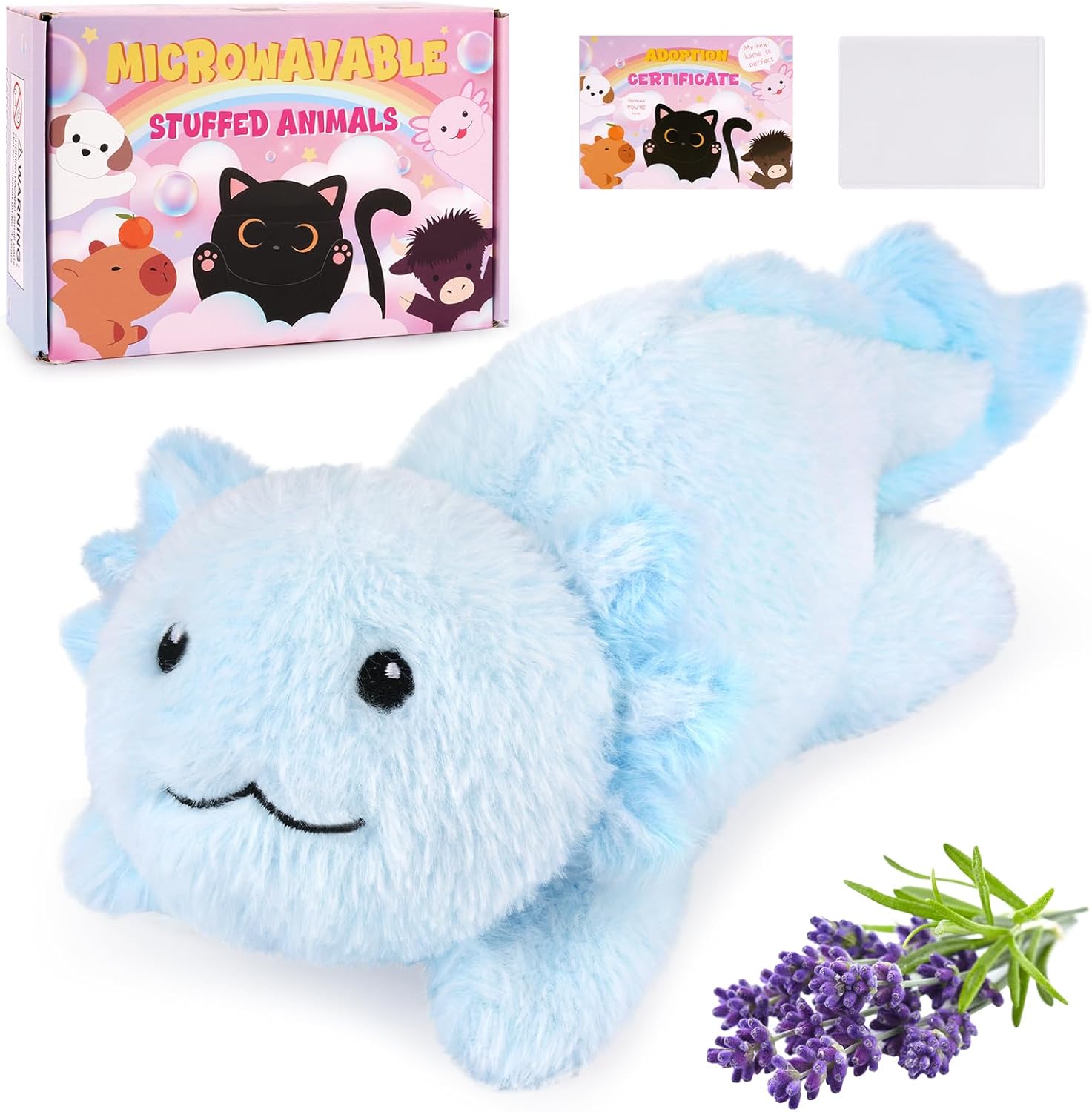 Microwavable Stuffed Animals,Blue Axolotl Plush, Cute Weighted Heating Pad for Period Cramps, Heatable and Coolable Lavender, Soft Cute Kawaii Plush Toys for Gift for Women Girls Kids,13 Inch