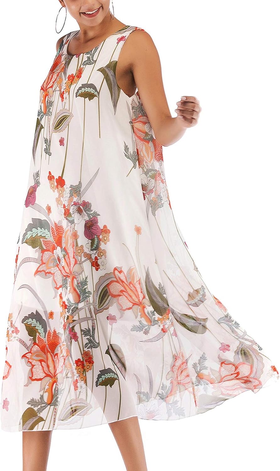 Lu's Chic Women's Sleeveless Dresses Tank Top Long Swing Floral Maxi Boho Dress Sundress D US M (Tag L)