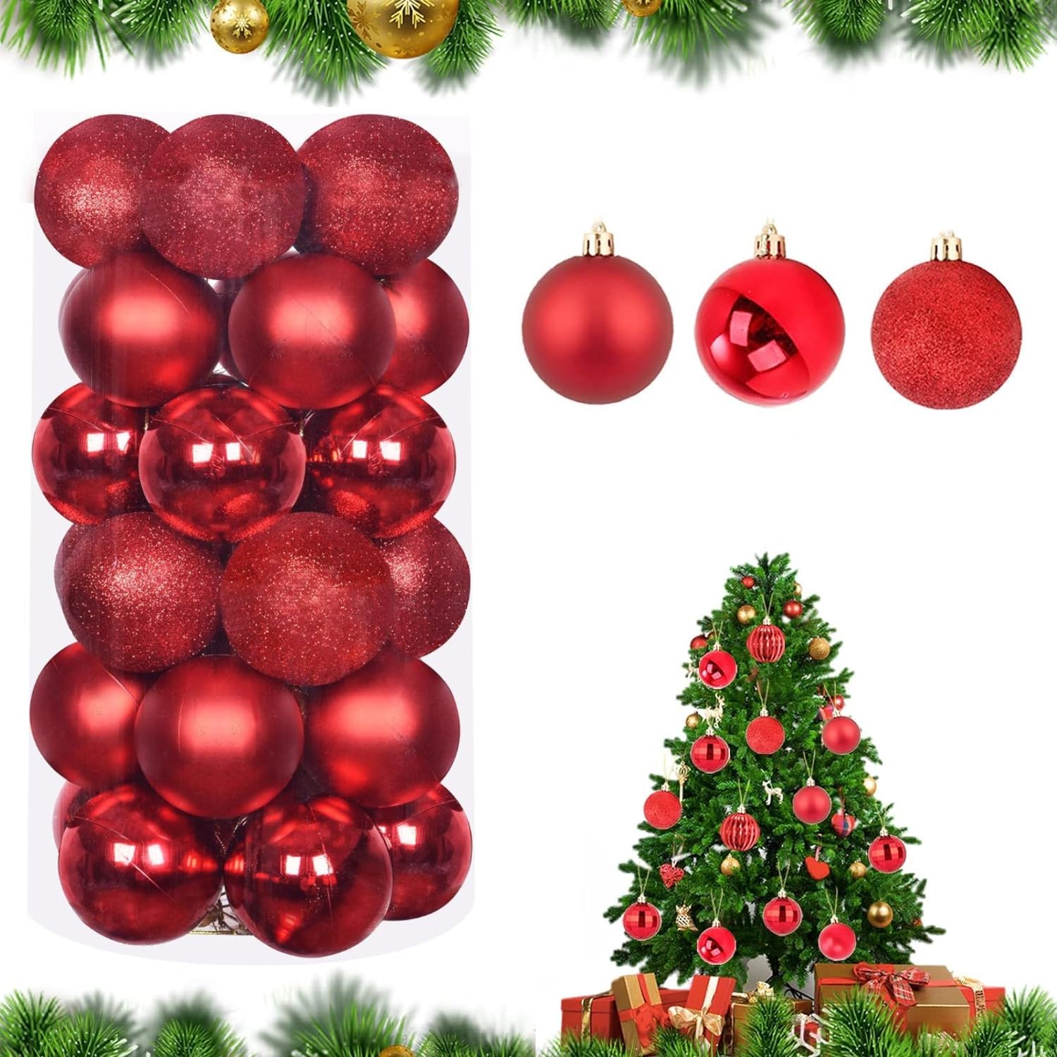 LATERN 30Pcs Christmas Baubles, 6CM Red Christmas Ball Ornaments Shatterproof Christma Hanging Ball Sets for Christma Tree Holidays Home Xmas Party Decoration (3 Styles)
