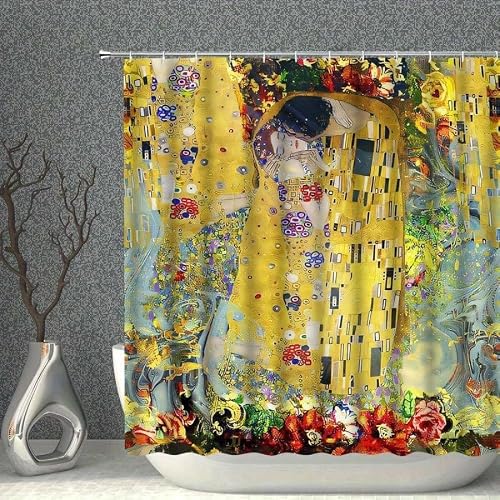 GLKSDLPO Gustav Klimt'S The Kiss Tribute Printed Shower Curtain, Vibrant Floral And Golden Design Modern Bathroom Curtain(130x190cm/51x75in(WxH)