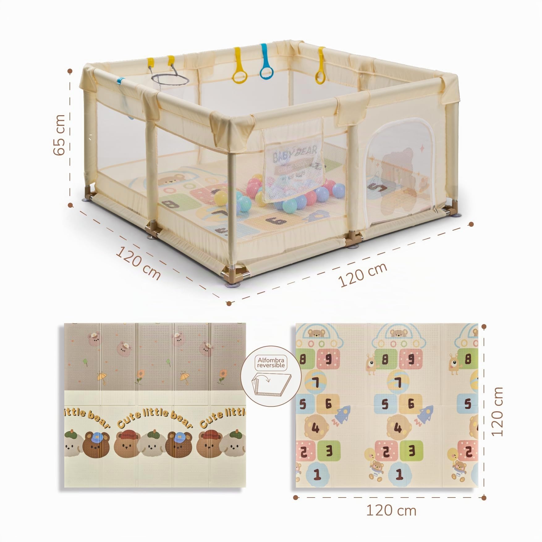 Buddy Baby Park - Parc Enfant Bébé 120x120cm + Tapis + Poignées + Panier + Boules – Parc de Jeu Bébé avec Maille Respirante – Parc de Jeux Bébé Pliable avec Porte Latérale (Vanille)