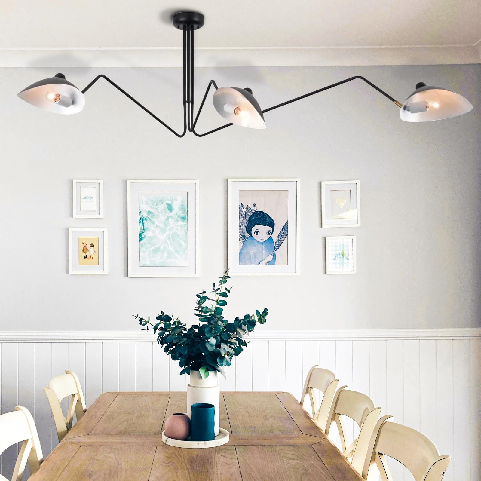 LEDBEL 3 Arm Chandelier, Mid Century Modern Chandelier with Swing Arm & Adjustable Lampshade, Black Large Ceiling Hanging Lamp Fixture for Living Room Dining Room Kitchen Island