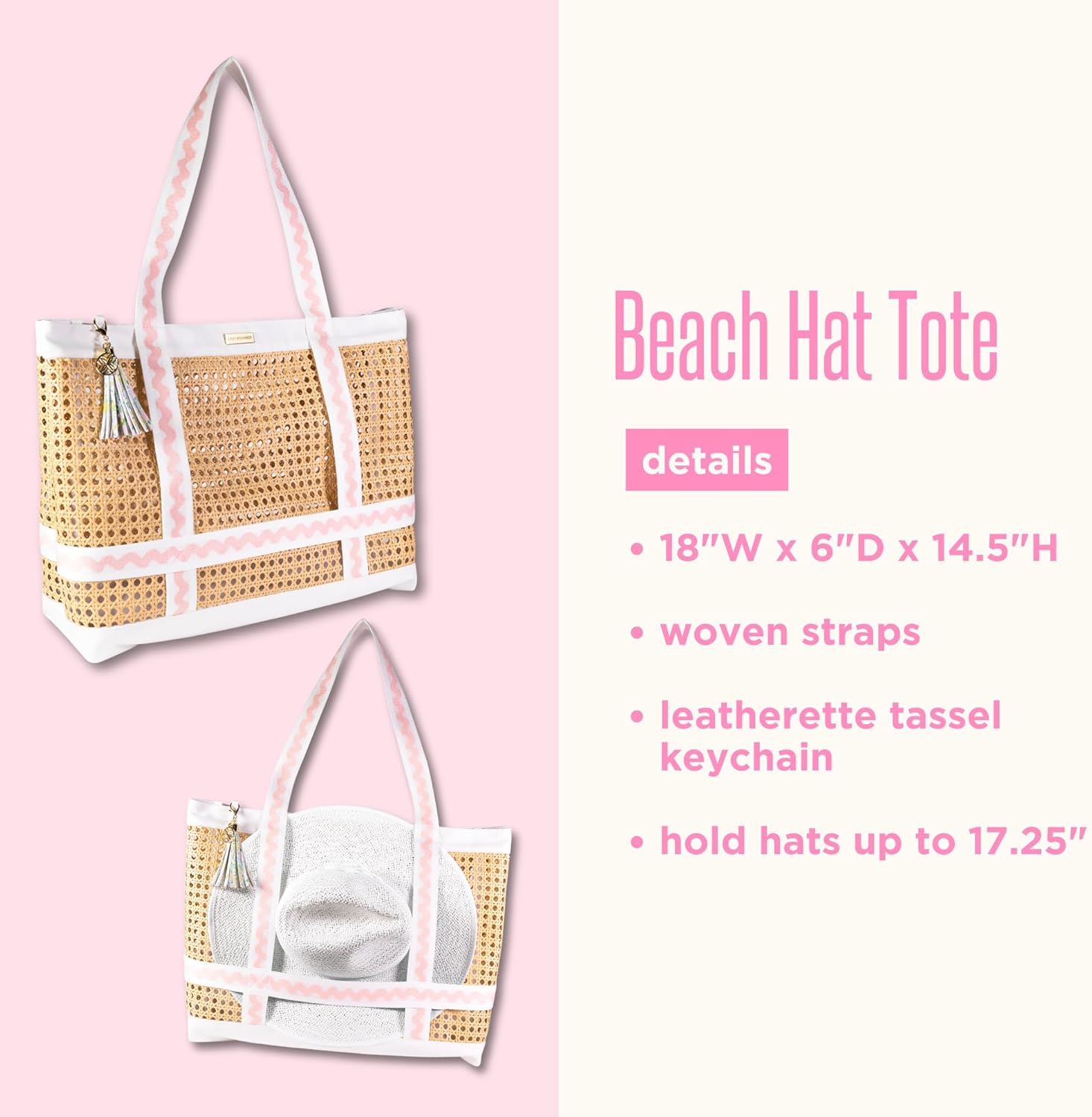 Lilly Pulitzer Large Travel Tote Bag with Hat Holder Strap, Caning Beach Bag with Tassel Keychain