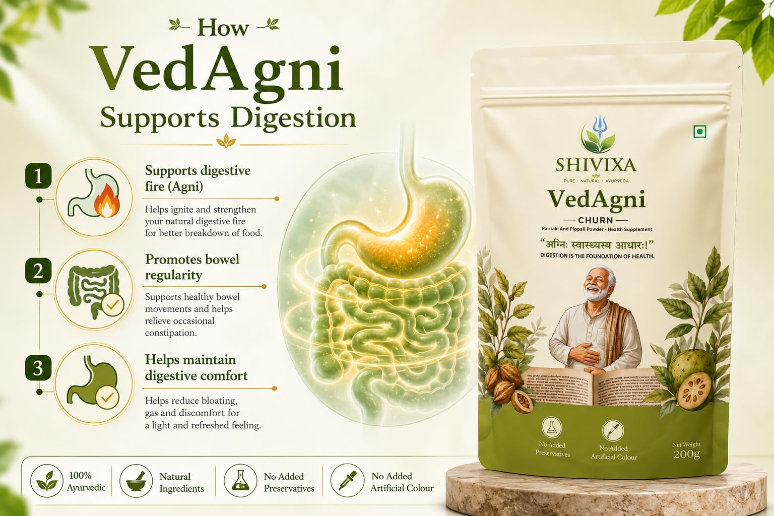 VedAgni Churna | Ayurvedic Digestive Powder | Helps Relieve Gas, Acidity, Bloating & Constipation | Supports Gut Health, Digestion & Metabolism | Plant Based Natural ayurvedic Laxative for men & woman | 200g Pack of 1 — Amazon image 2