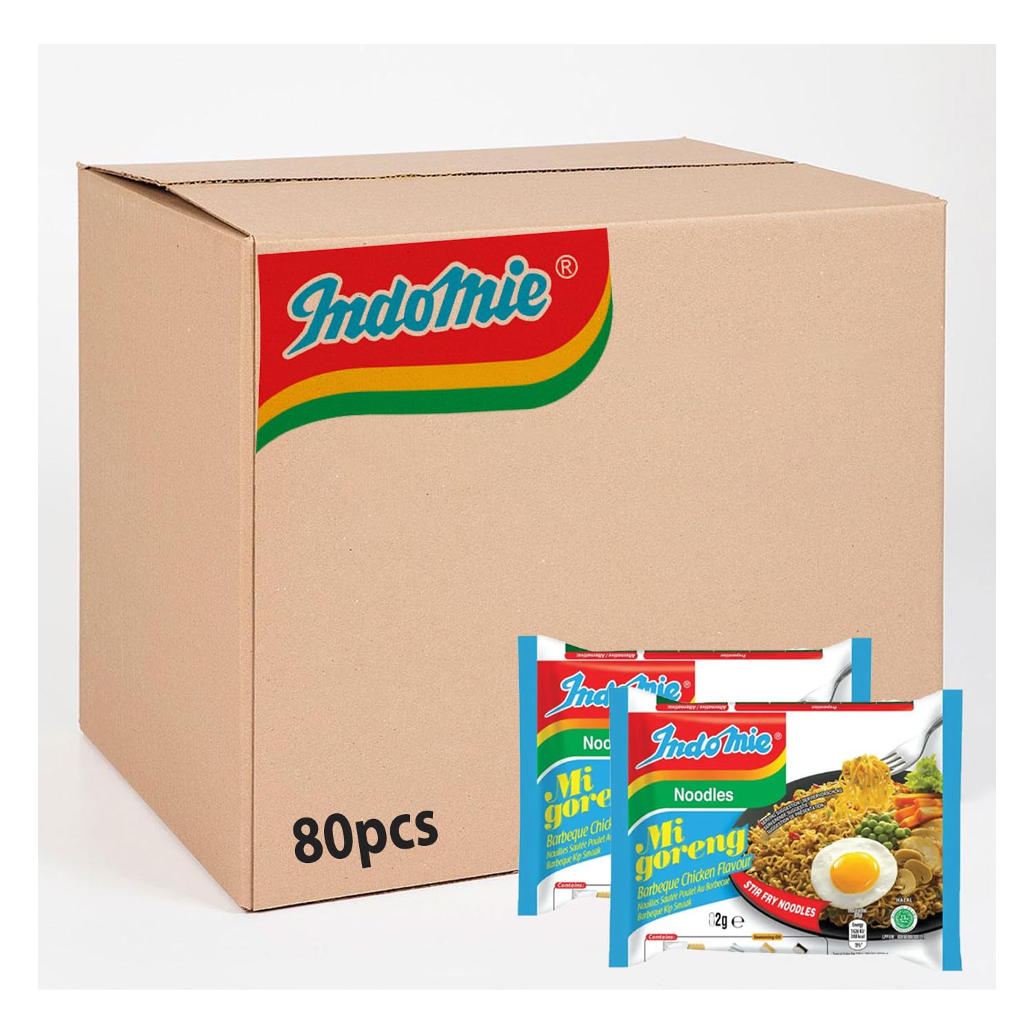 Kajal 80er Pack IndoMie BBQ Chicken Instant Noodles (80x82g) Grillhähnchen Geschmack, Bratnudeln - schnelle Zubereitung