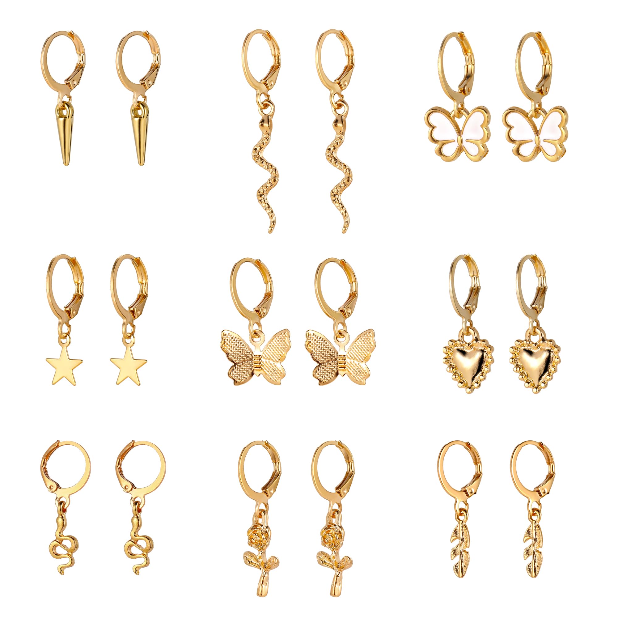 9 Pairs Combo Set Latest Stylish Gold Plated Butterfly, Snake, Star, Heart, Rose, Leaf & Spike Huggie Hoop Drop Earrings for Women and Girls (17477er)-image-25