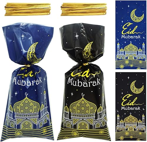 Miniatura 5 de 100 bolsas Eid Mubarak Ramadan Kareem, bolsas de celofán, bolsas de dulces Eid Mubarak para regalos, Eid al-Adha, 4 colores, castillo musulmán,