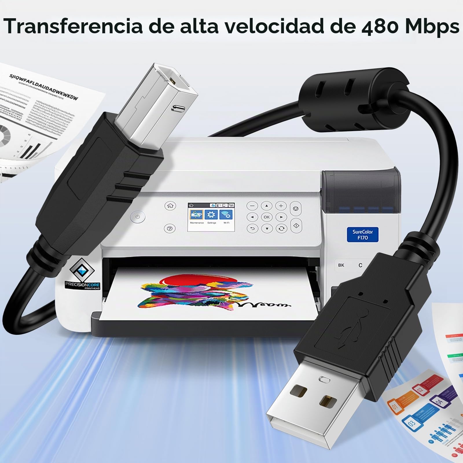 Vancle Cable USB 2.0 Impresora, Cable USB-A Macho a USB-B Macho con Conectores Dorados, para Samsung, HP, Canon, Brother, Escáner, Dell, Ricoh, Xerox, etc (1.5M)