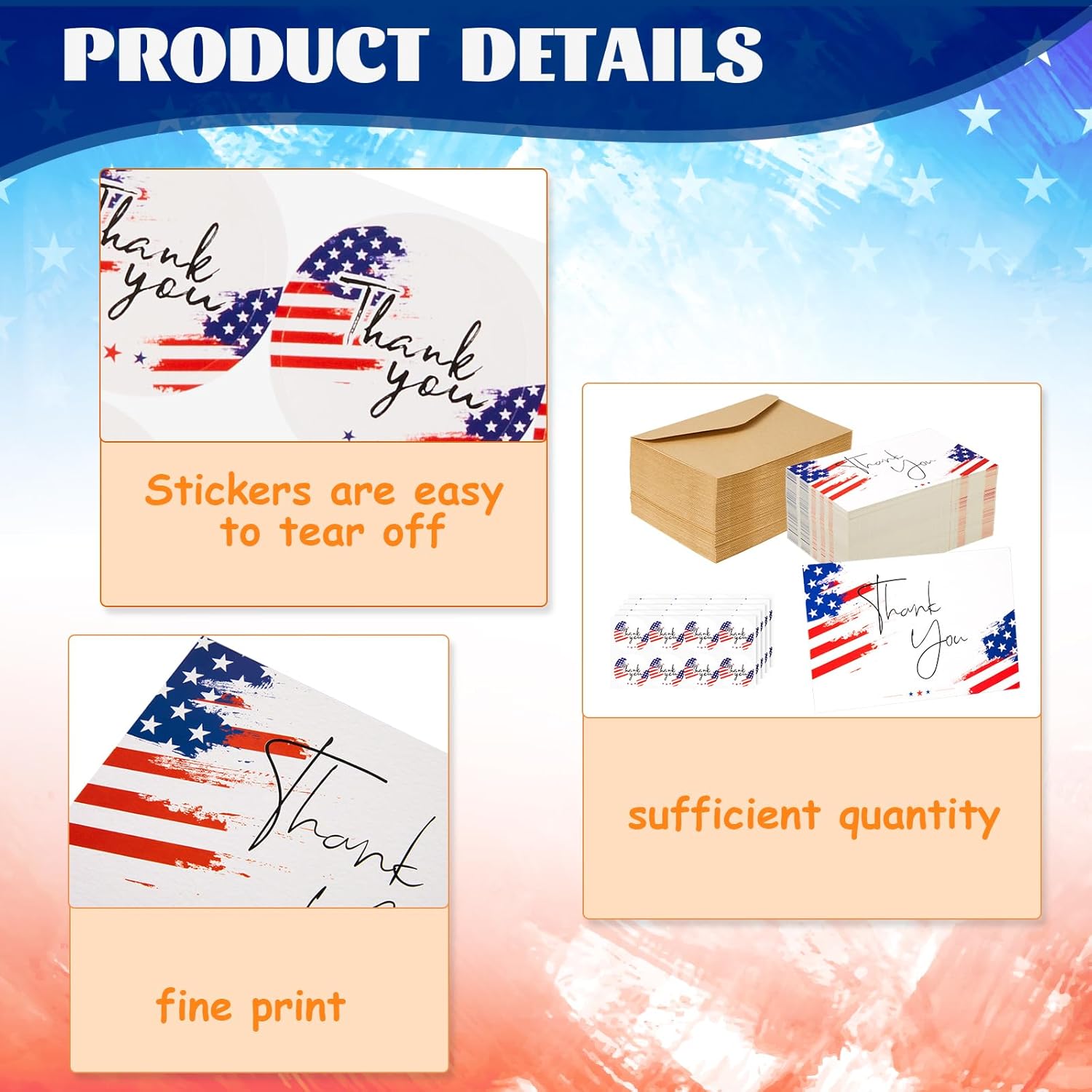 Ireer 200 Sets Patriotic Thank You Cards Bulk with Kraft Envelopes and Round Stickers 4th of July Independence Day Veterans Cards Bulk USA Military Memorial Day Army Gifts, 4 x 6 Inches
