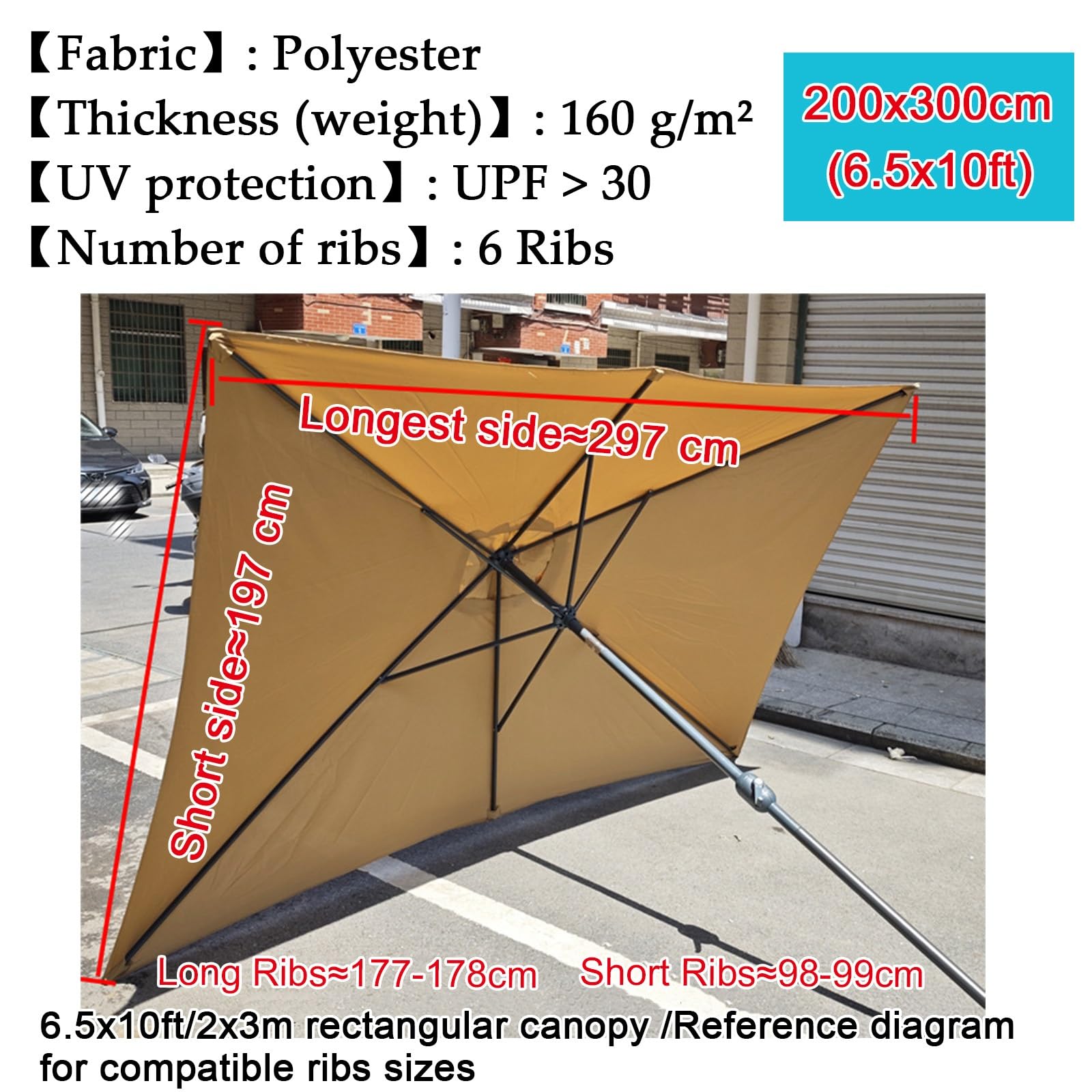 ESOYAWE 2x3m Auvent Housse De Rechange Pour Parasol Terrasse 6 Baleines, Rechange Toile De Parasol Jardin, Rectangulaire, Dessus De Parapluie Protection UV 50+, Tissus Pare-soleil Imperméable