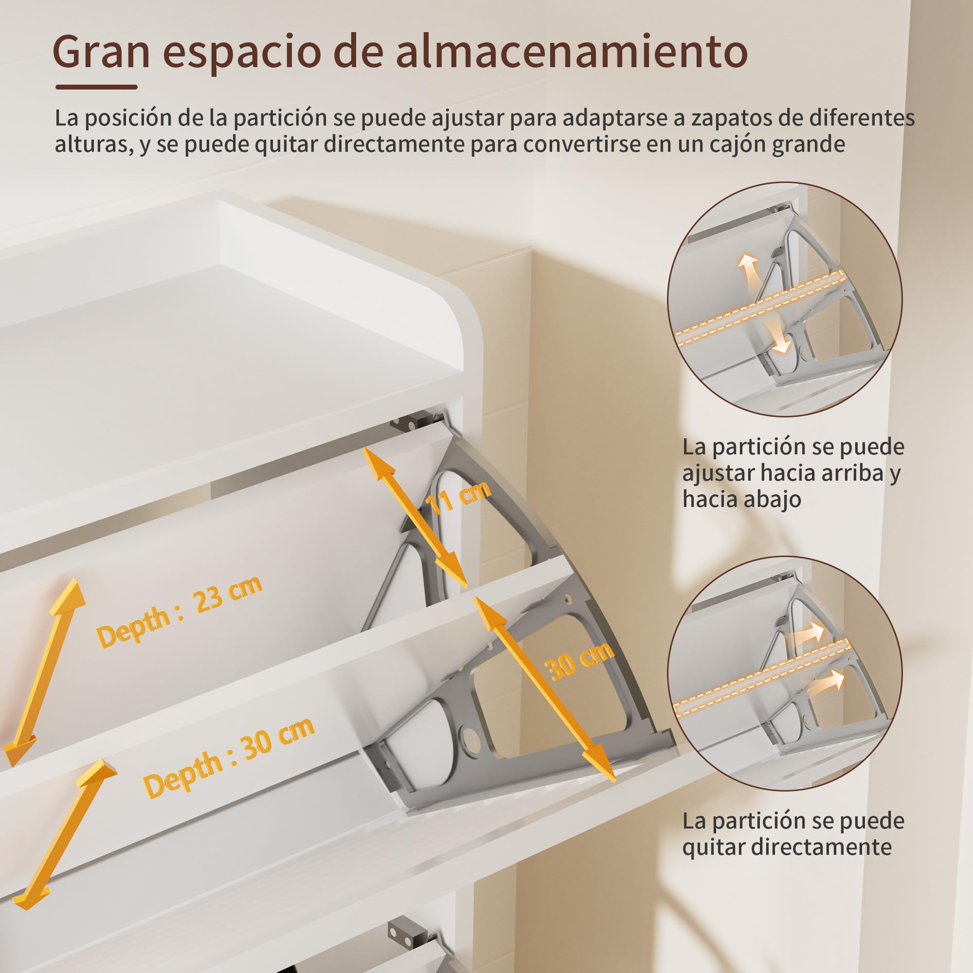 BonVache Mueble para Zapatos Estrecho, Armario basculante con Puerta de persianas, Mueble con 3 abatibles y 6 estantes Ajustables, Almacenamiento de Zapatos de Madera, 80x24x120 cm, Blanco