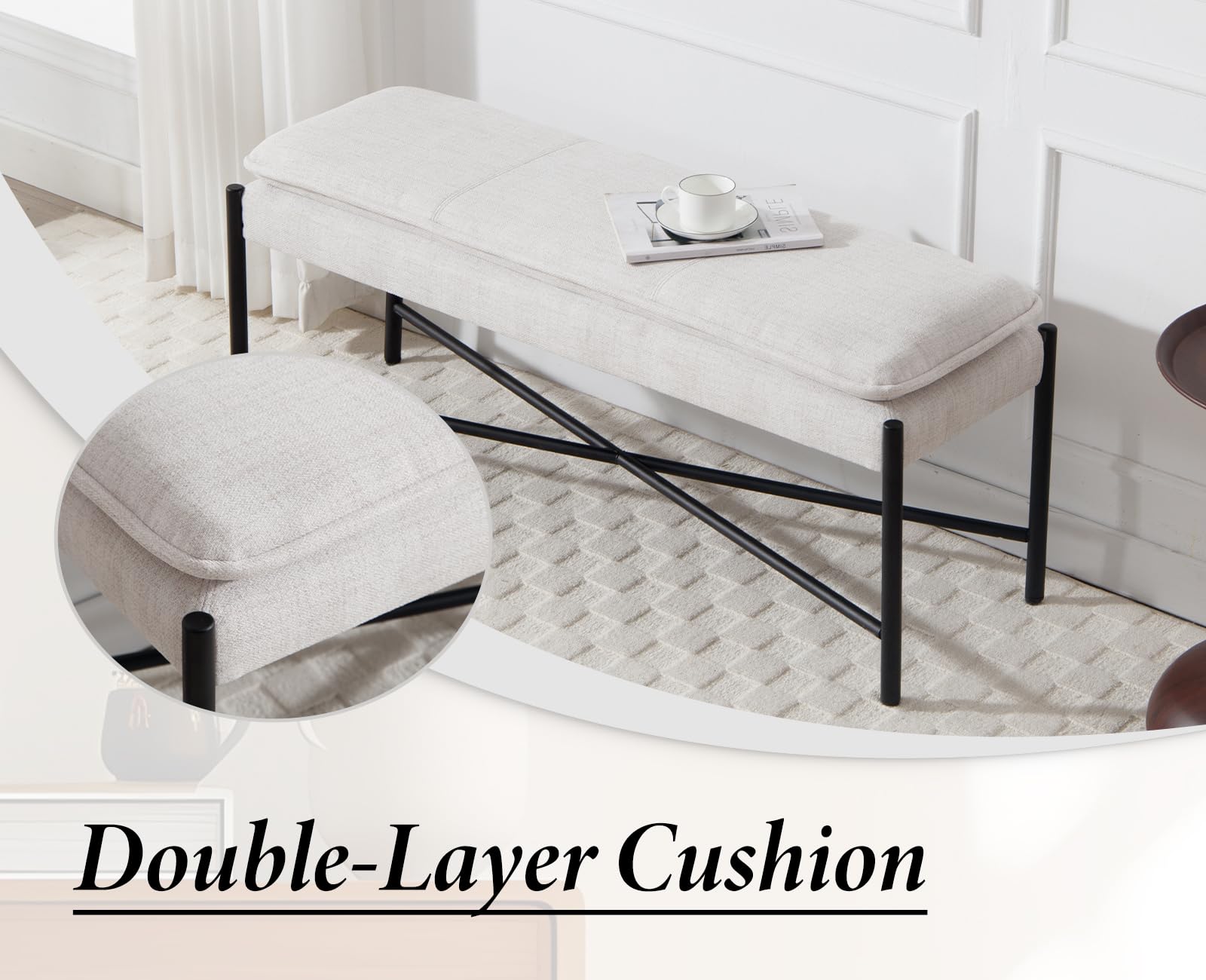 Ya-Home Banc Bout de Lit Moderne,Banquette d'Entrée,Lin,Beige | Banc Ottoman d'Entrée à Double Couche Rembourré,Pieds Métalliques,pour Entrée Salon Chambre à Coucher