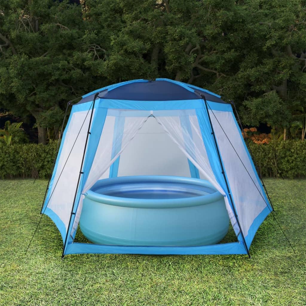 Tenda da piscina, 590 x 520 x 250 cm, blu, durevole, resistente ai raggi UV, in poliestere, per piscine e gruppi di sedute, con pareti laterali in rete, telaio in acciaio