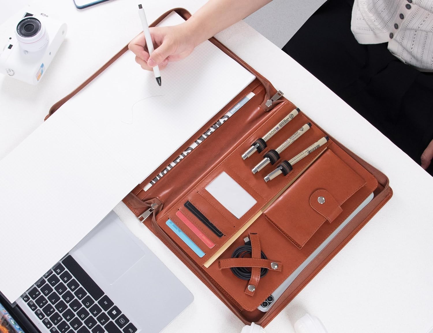 AZXCG Leather Portfolio with Zipper,PU Leather Padfolio Folio, Professional Business Document Organizer with A4 Letter Sized Writing Pad Holder, Handmade Gifts for Women/Men(Brown)
